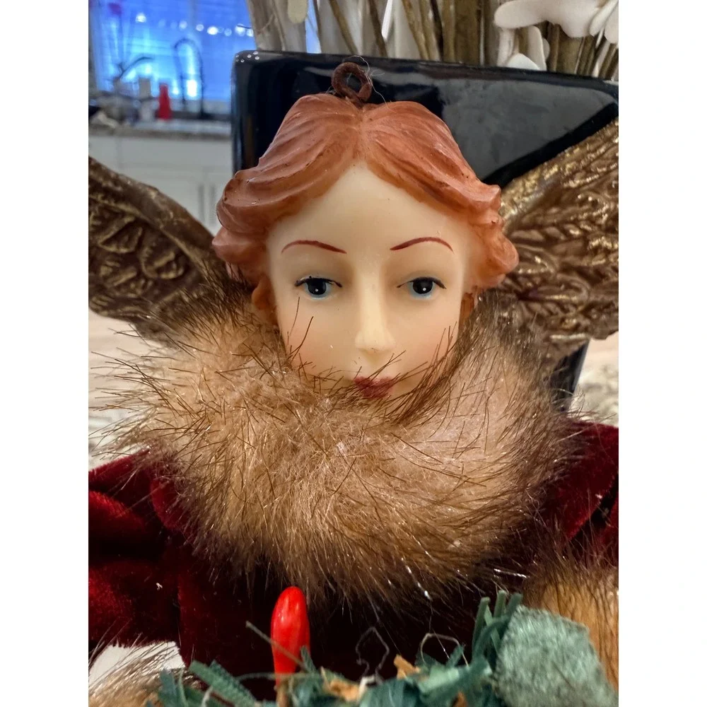 Elegant Angel Christmas Tree Topper Velvet Fur‎ Wreath Red Gold Wings vintage